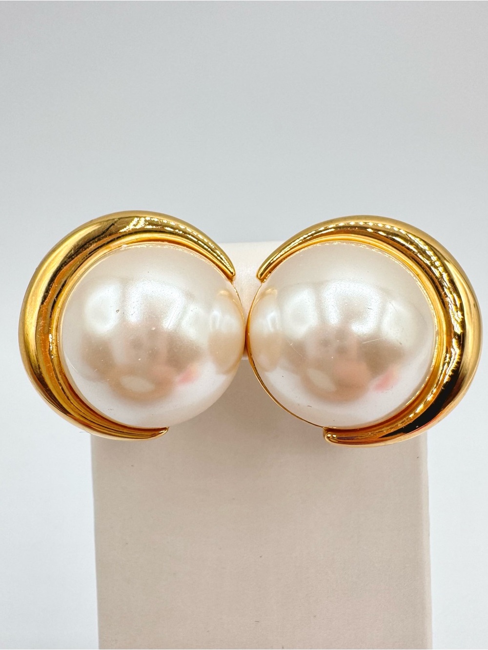 Vintage Napier Faux Pearl Crescent Dome Stud Earrings Bridal Wedding Bridesmaid